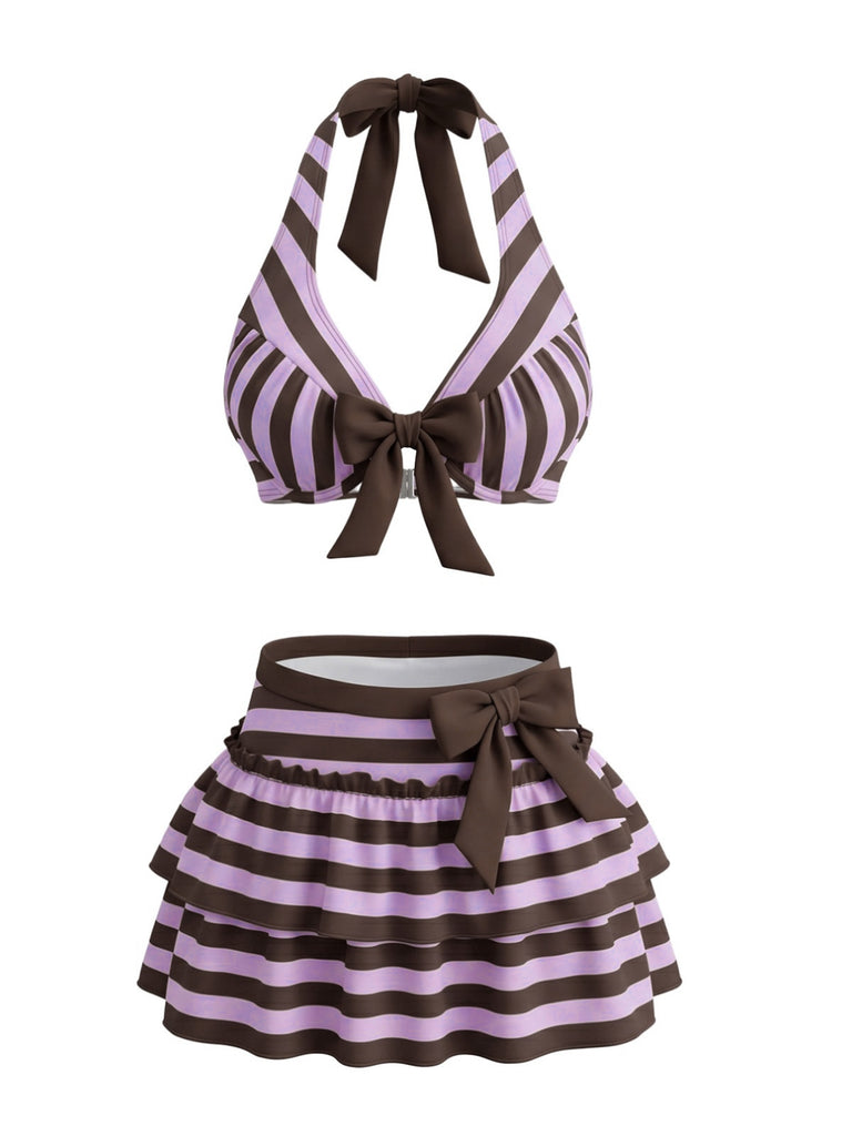 50er Neckholder-Bikini-Set & Rüschen-Cover-Up mit Streifen
