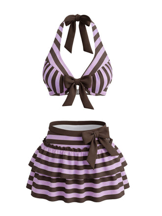 50er Neckholder-Bikini-Set & Rüschen-Cover-Up mit Streifen