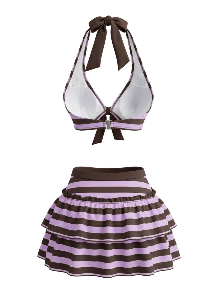 50er Neckholder-Bikini-Set & Rüschen-Cover-Up mit Streifen