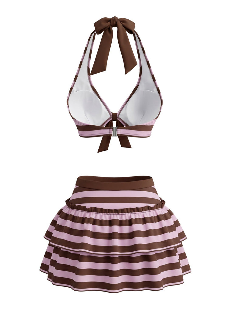 50er Neckholder-Bikini-Set & Rüschen-Cover-Up mit Streifen