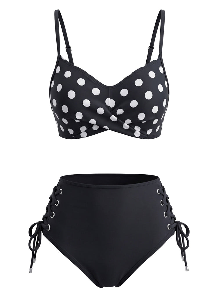 Schwarz 50er Bikini-Set & Shorts mit Polka-Dots und Hohe Taille