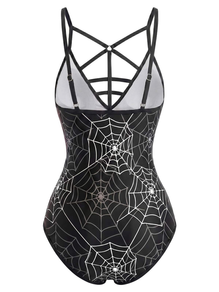[Vorverkauf] Schwarzer 50er Gothic-Badeanzug mit Spinnennetz-Print