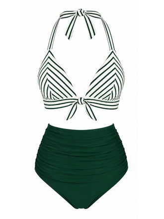 [Vorverkauf] Grünes 50er Bikini-Set mit Streifen und Neckholder