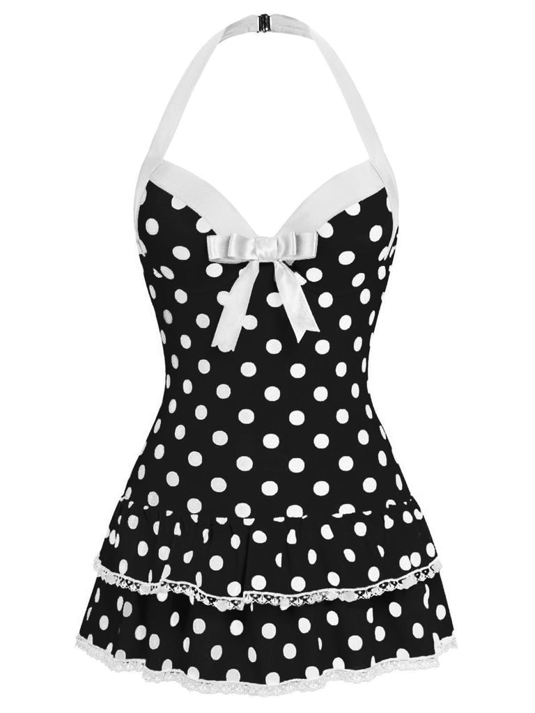 Rosa 1940er Halter Polka Dots Schleife Einteiliger Badeanzug