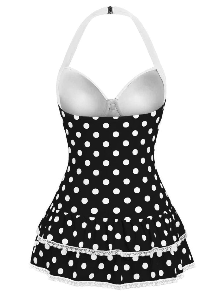 Rosa 1940er Halter Polka Dots Schleife Einteiliger Badeanzug