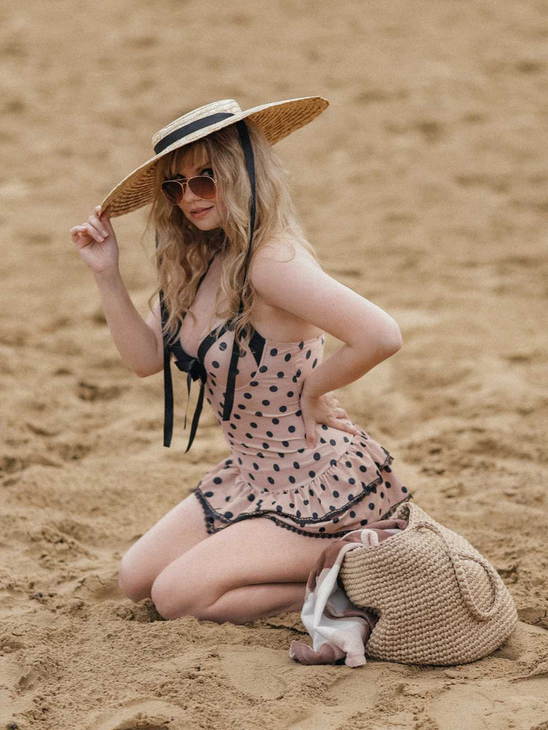 Braun 1940er Halter Polka Dots Schleife Einteiliger Badeanzug