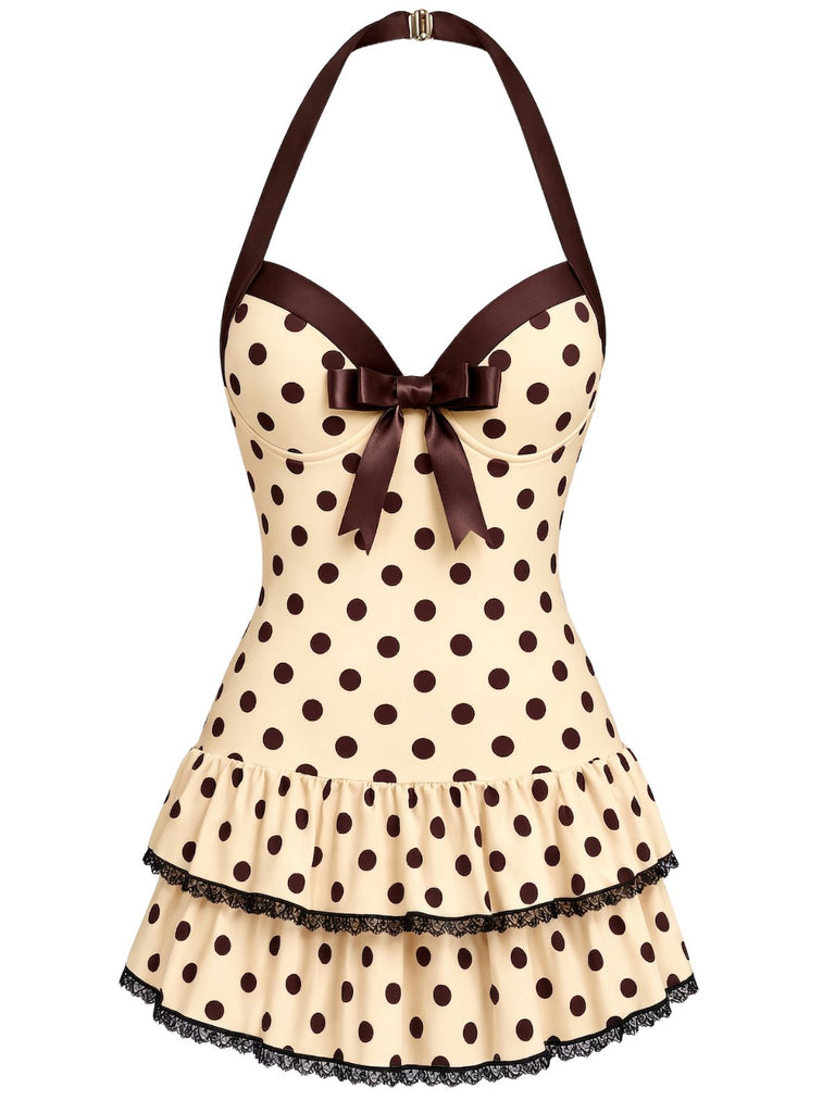 Cremefarbener 40er Badeanzug mit Polka-Dots und Neckholder