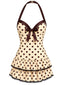 [Vorverkauf] Cremefarbenes 40er Neckholder-Badekleid mit Polka-Dots und Schleife