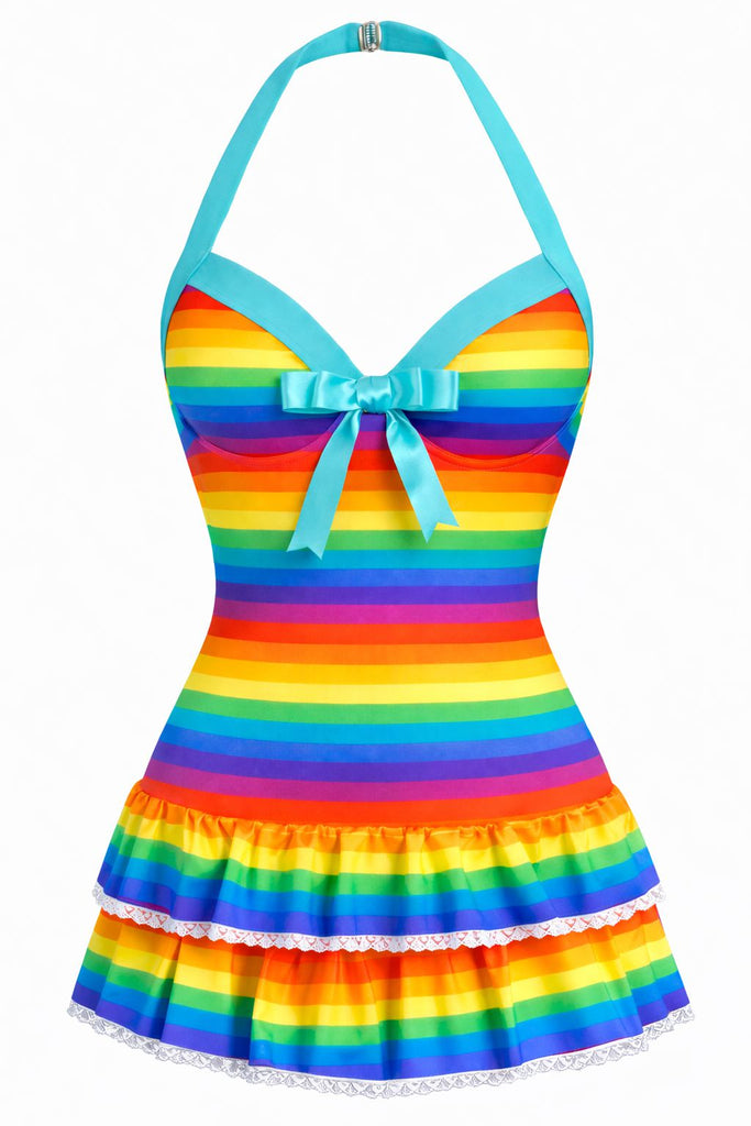 [Vorverkauf] Hellblau 1940er Halter Plaid Schleife Einteiliger Badeanzug