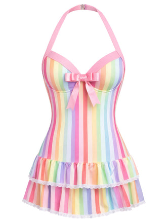 [Vorverkauf] Mehrfarbig 1940er Halter Streifen Schleife Einteiliger Badeanzug