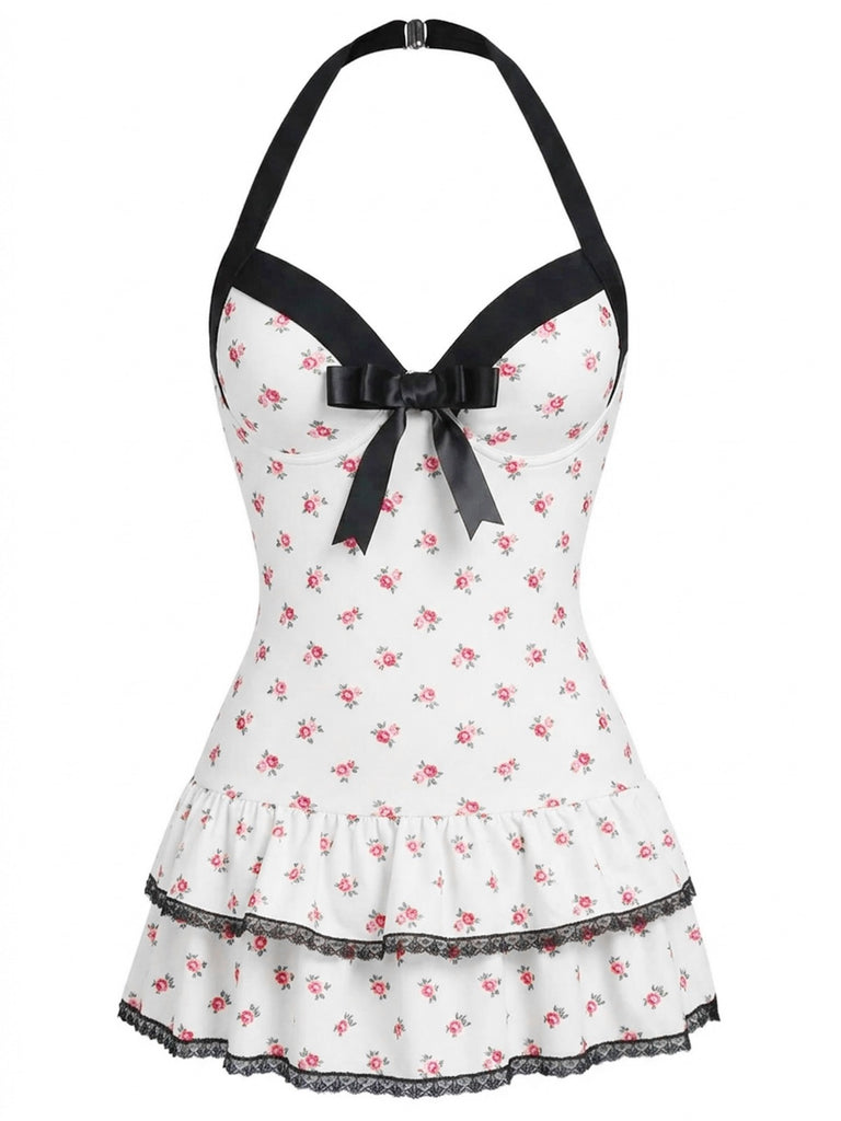 Blau 1940er Halter Streifen Schleife Einteiliger Badeanzug