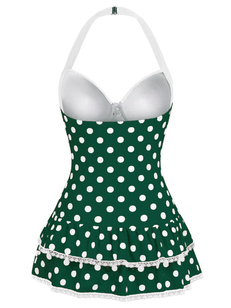 Rosa 1940er Halter Polka Dots Schleife Einteiliger Badeanzug
