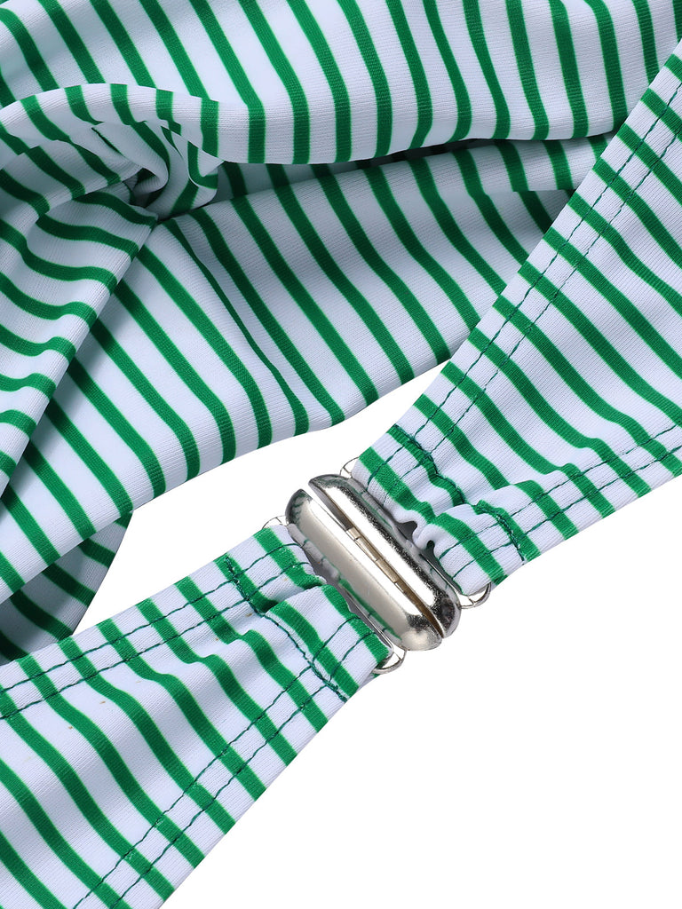 [Übergröße] Grün 1940er Gestreiftes Halter Badeanzug