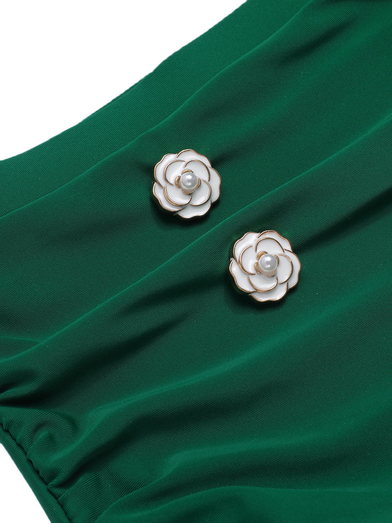 [Übergröße] Grün 1940er Gestreiftes Halter Badeanzug