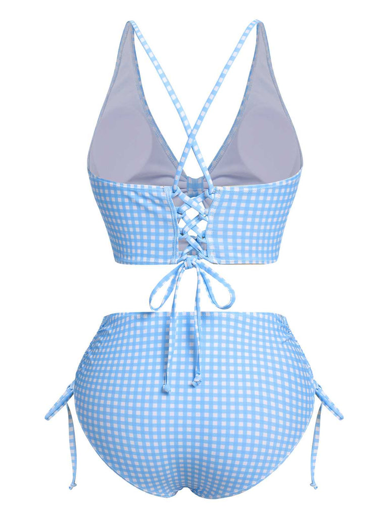 Blau 1950er Spaghetti Träger Plaids Badeanzug