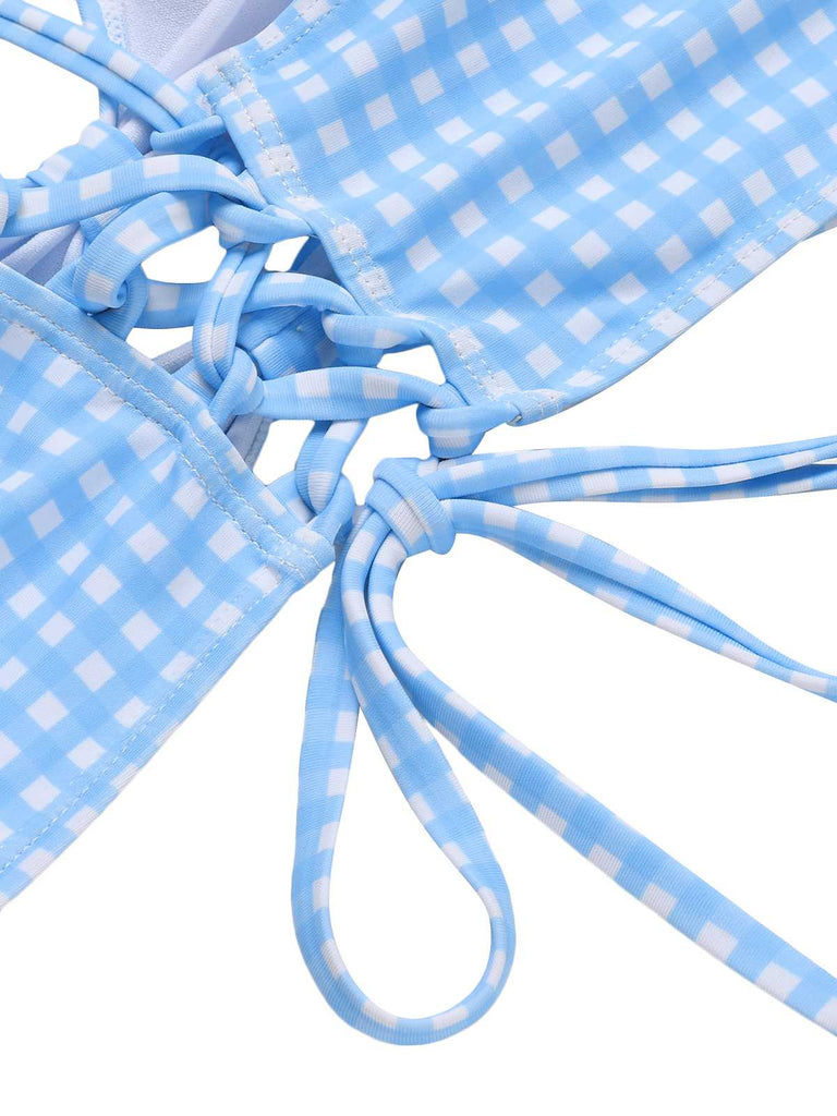 Blau 1950er Spaghetti Träger Plaids Badeanzug