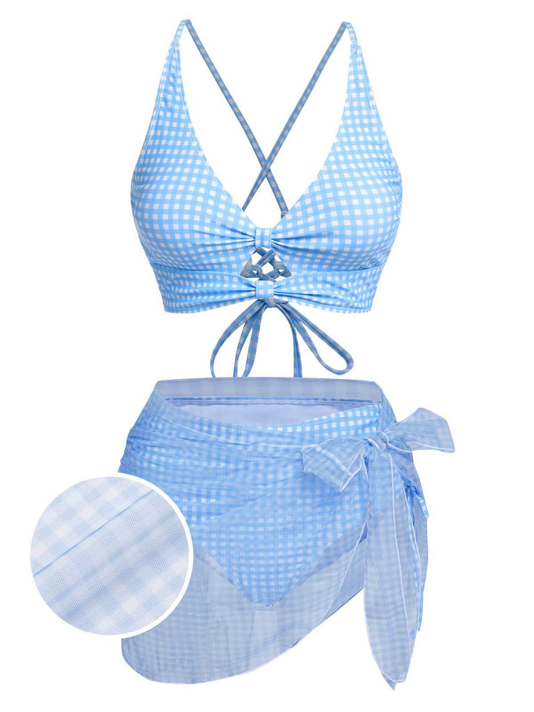 2PCS Blau 1950er Plaids Badeanzug & Masche Cover-Up