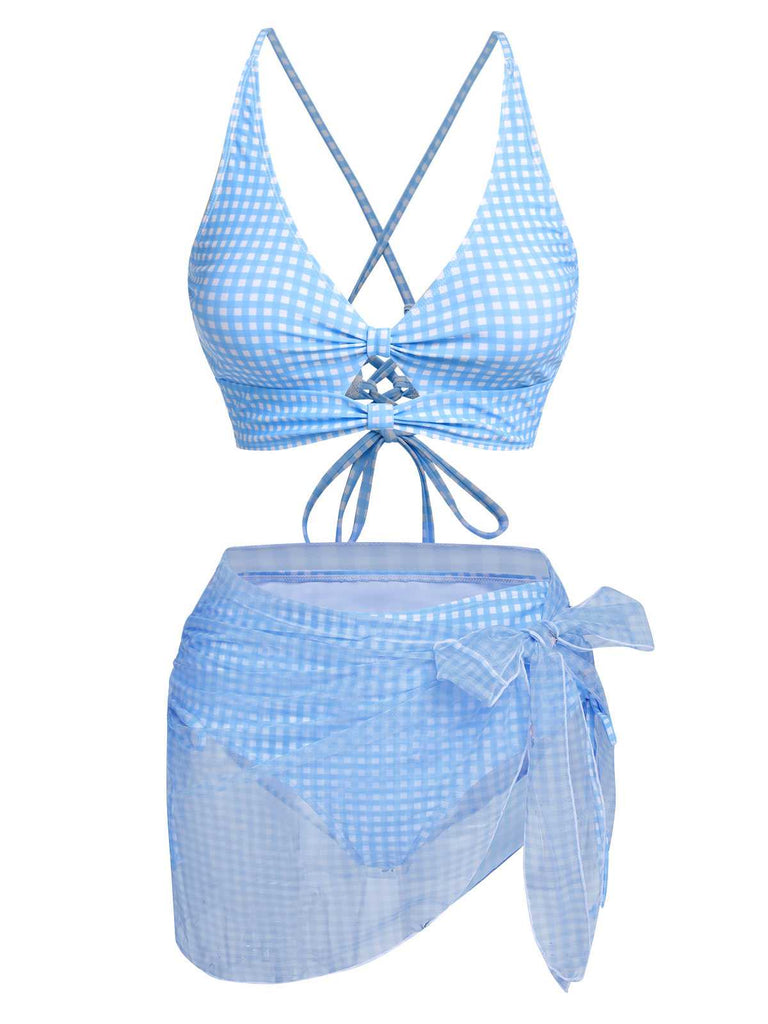 2PCS Blau 1950er Plaids Badeanzug & Masche Cover-Up