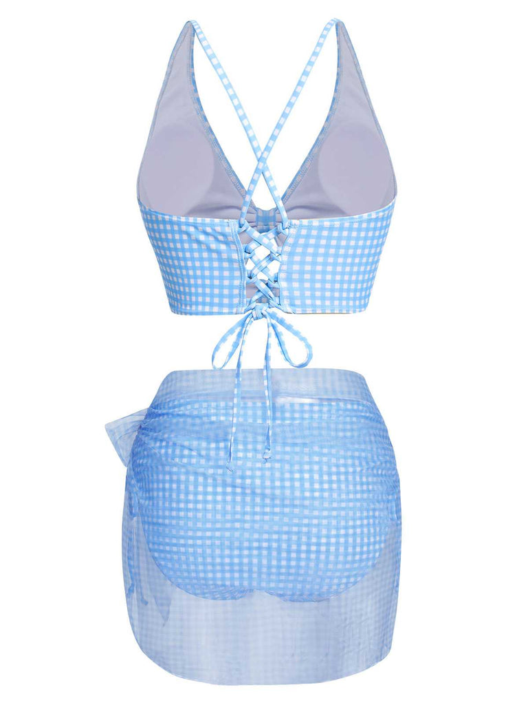 2PCS Blau 1950er Plaids Badeanzug & Masche Cover-Up