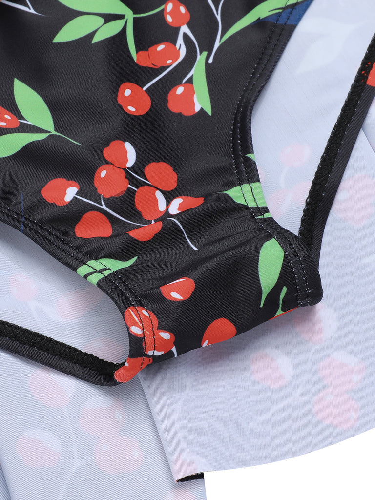 Schwarz 1950er Schleife Kirsche V-Ausschnitt Badeanzug