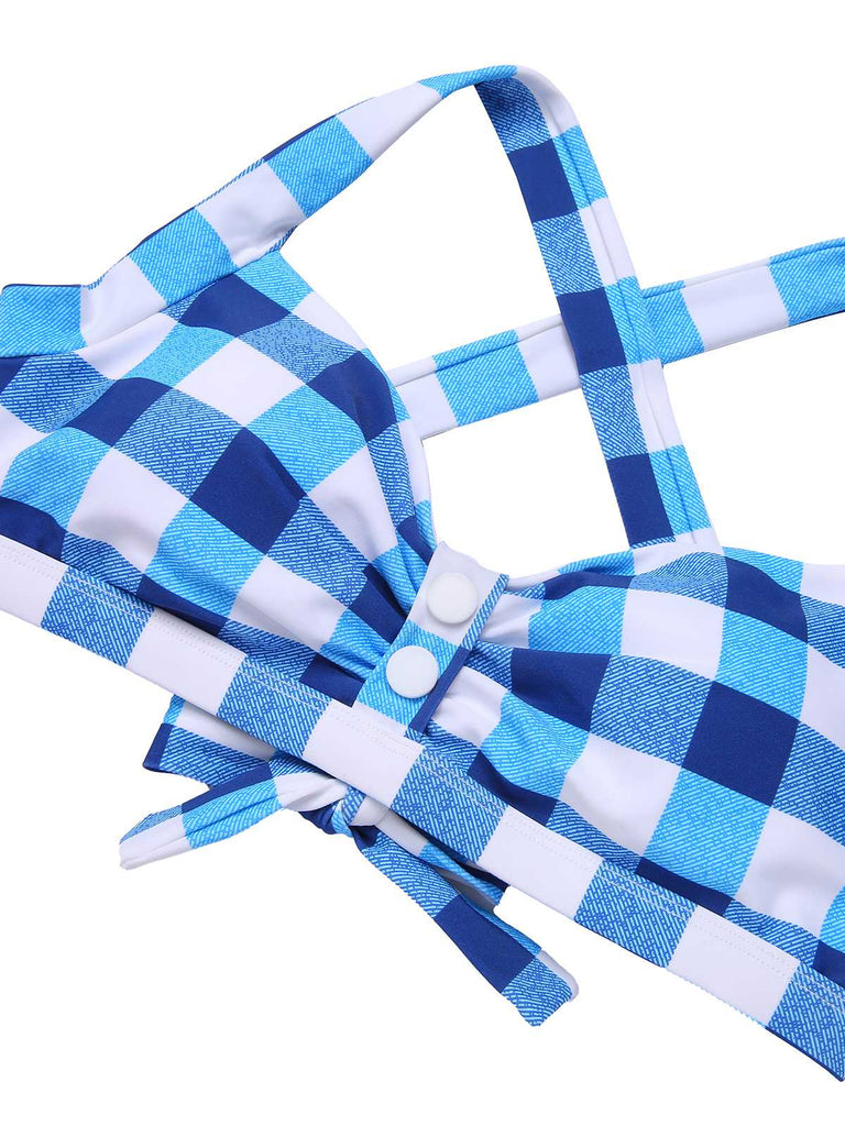 1950er Doppelter Riemen Buttoned Plaids Badeanzug