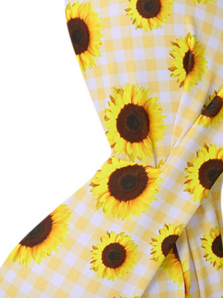 Gelb 1950er Spaghetti Träger Karomuster Sonnenblumen Badeanzug