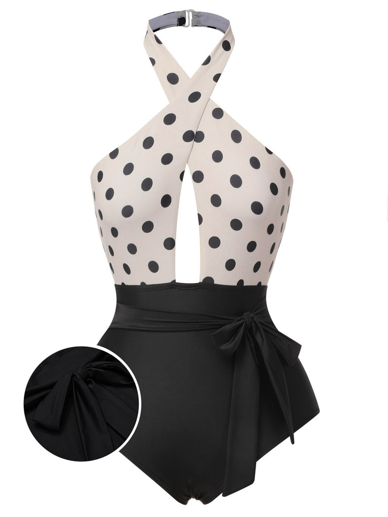 Beige 1950er Polka Dot Halter Einteiliger Badeanzug