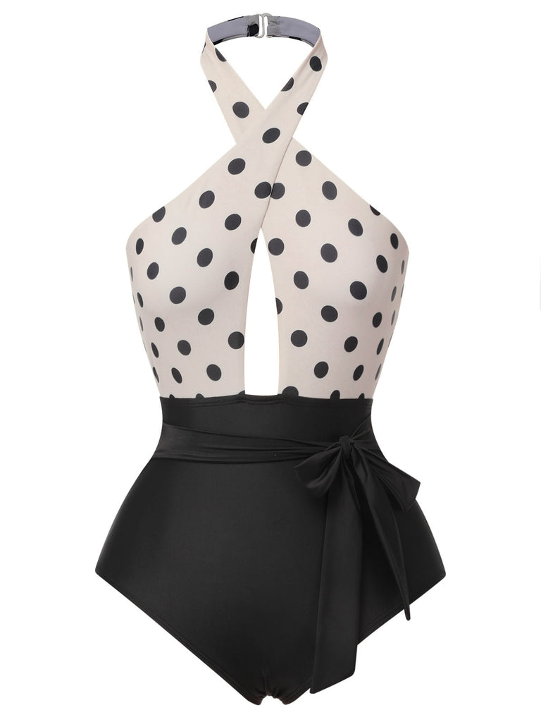 Beige 1950er Polka Dot Halter Einteiliger Badeanzug