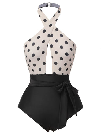 Beige 1950er Polka Dot Halter Einteiliger Badeanzug