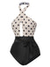 Beige 1950er Polka Dot Halter Einteiliger Badeanzug