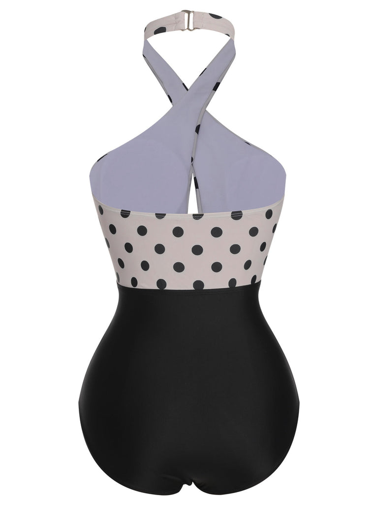 Beige 1950er Polka Dot Halter Einteiliger Badeanzug
