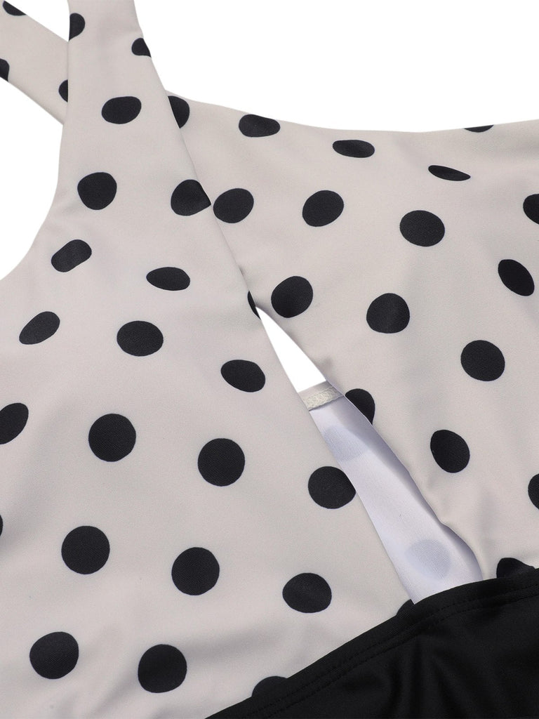 Beige 1950er Polka Dot Halter Einteiliger Badeanzug