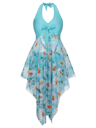 [Übergröße] 1930er Gänseblümchen Bogen Halter Rock-Badeanzug