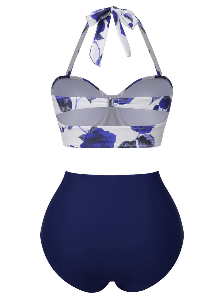 [Vorverkauf] Blau 1960er Halter Roses Bikini Set