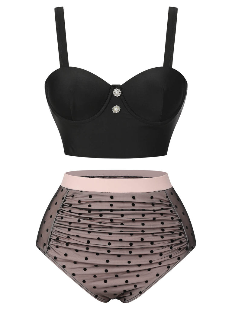 Schwarz 1960er Polka Dots Masche Badeanzug