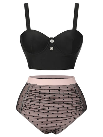 Schwarz 1960er Polka Dots Masche Badeanzug