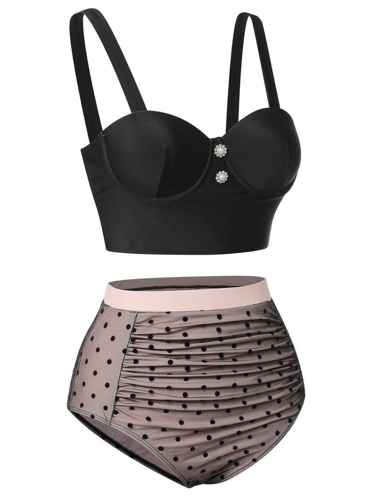 Schwarz 1960er Polka Dots Masche Badeanzug