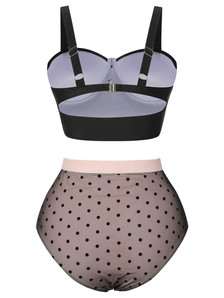 Schwarz 1960er Polka Dots Masche Badeanzug