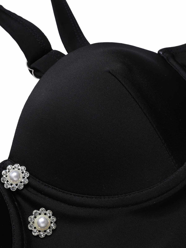 Schwarz 1960er Polka Dots Masche Badeanzug