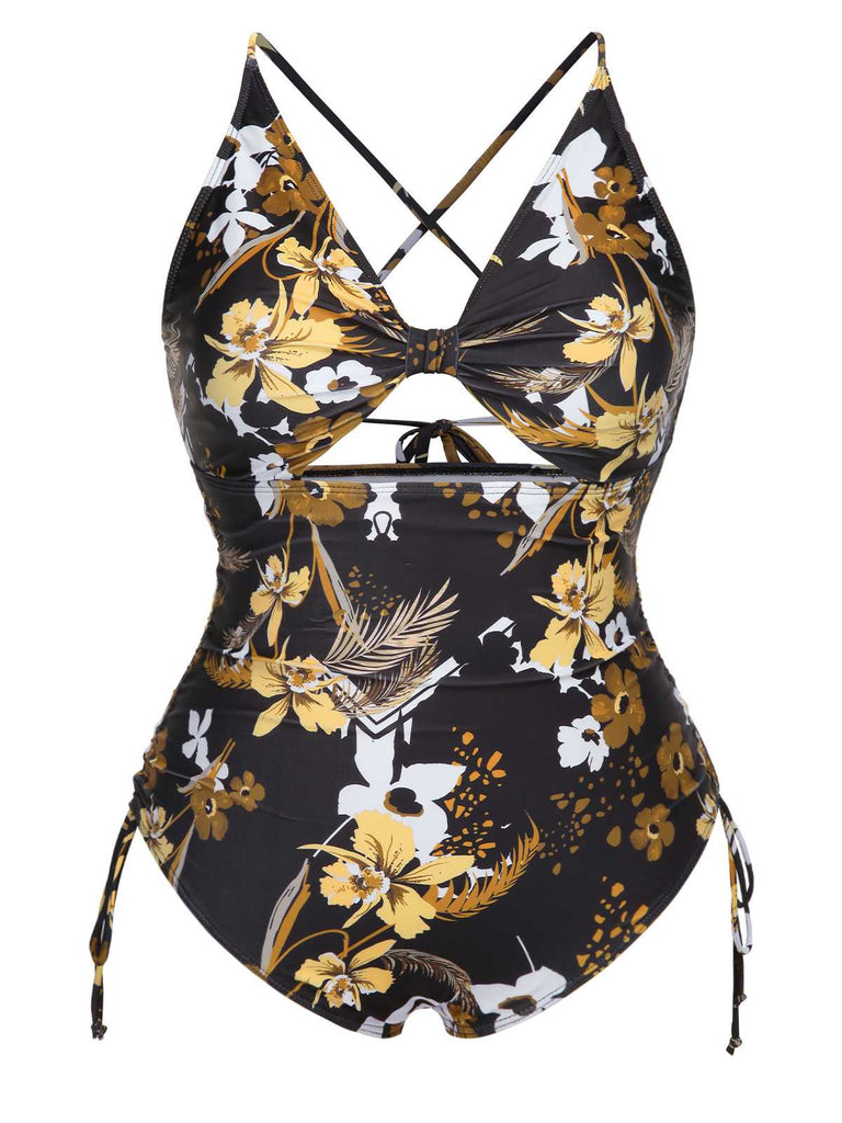 [Übergröße] Multicolor 1940er Bedrucktes Einteiliger Badeanzug