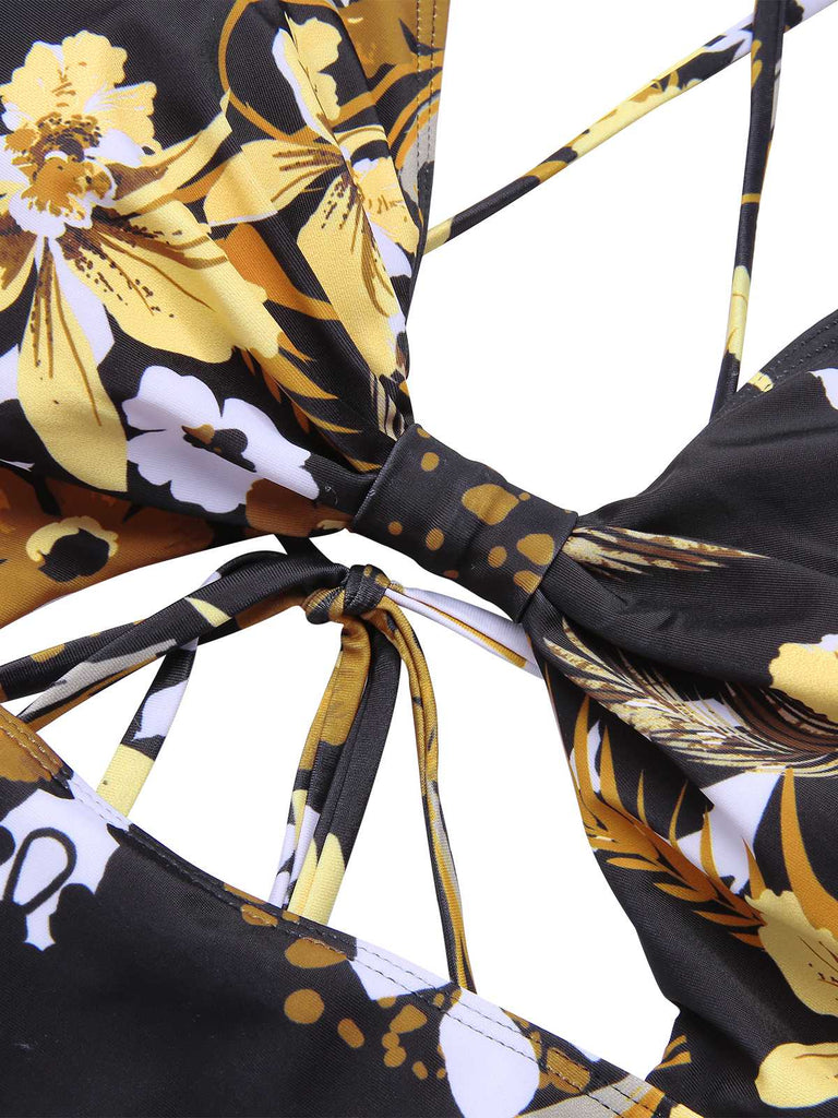 [Übergröße] Multicolor 1940er Bedrucktes Einteiliger Badeanzug