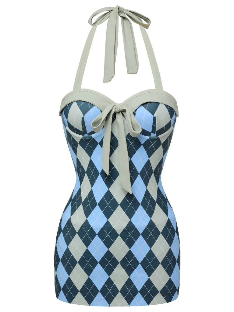 Blau Grau 1950er Argyle Halter Einteiliger Badeanzug