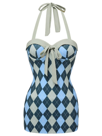 Blau Grau 1950er Argyle Halter Einteiliger Badeanzug