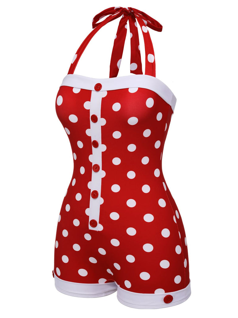 Rot 1950er Polka Dot Patchwork Halter Badeanzug