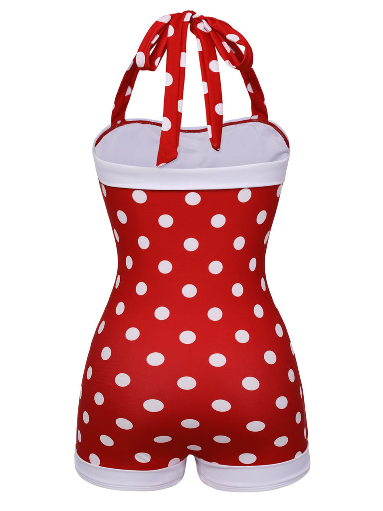 Rot 1950er Polka Dot Patchwork Halter Badeanzug