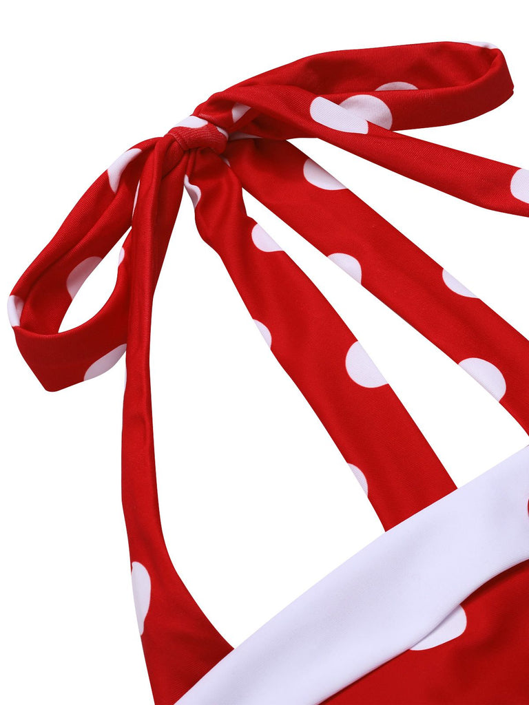 Rot 1950er Polka Dot Patchwork Halter Badeanzug