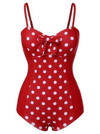Rot 1950er Polka Dot Patchwork Gurt Badeanzug