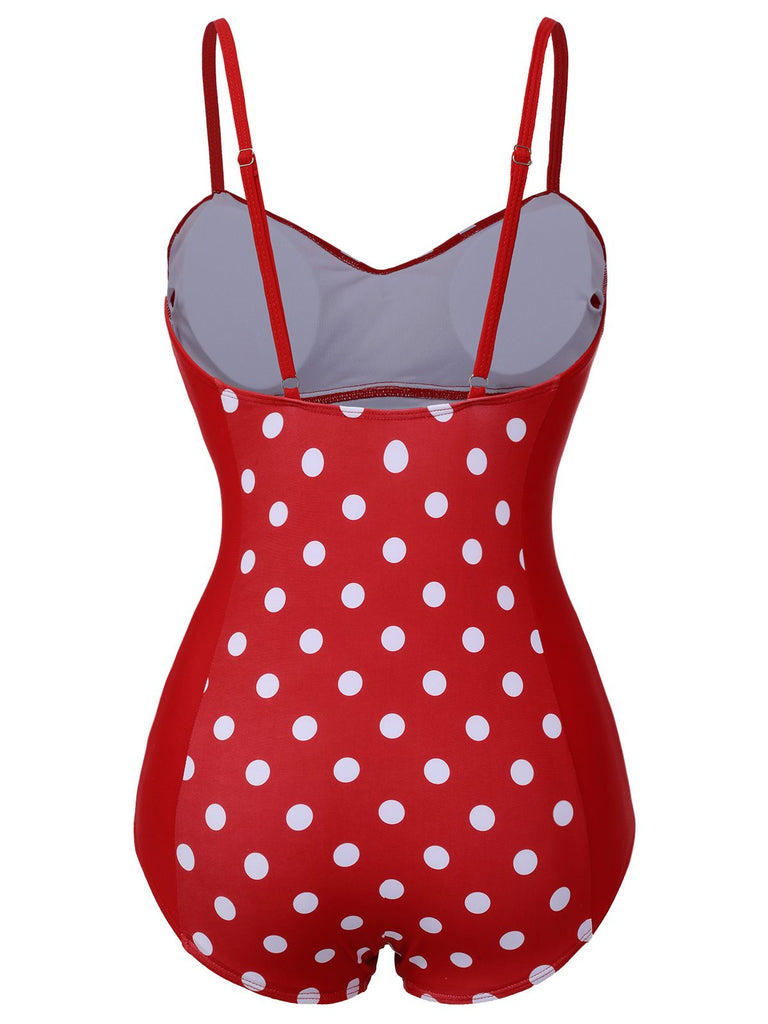 Rot 1950er Polka Dot Patchwork Gurt Badeanzug