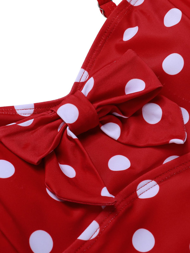 Rot 1950er Polka Dot Patchwork Gurt Badeanzug