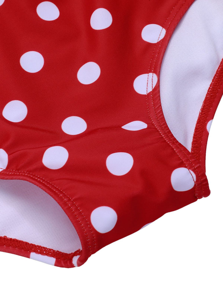 Rot 1950er Polka Dot Patchwork Gurt Badeanzug